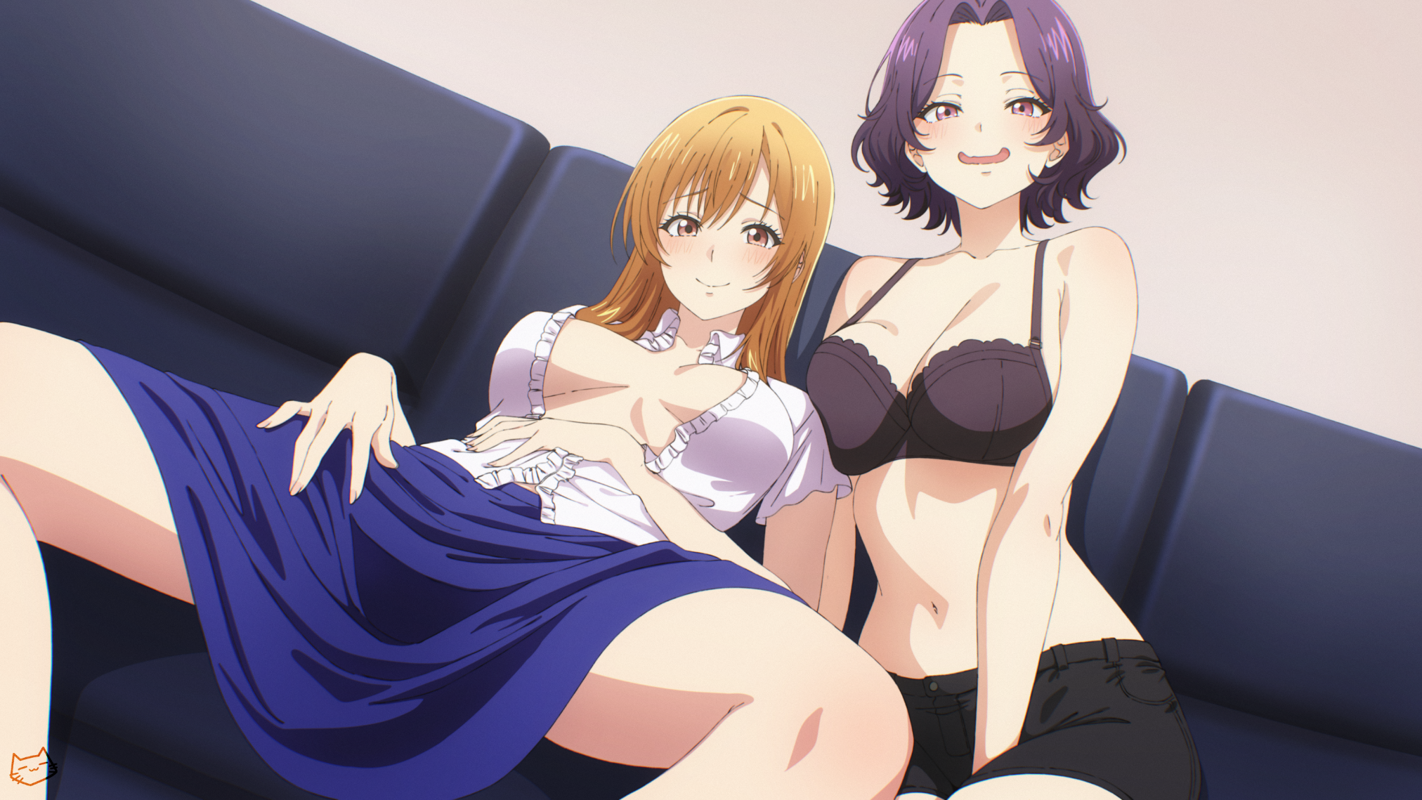 keihh, hamaoka azusa, kotegawa nanaka, grand blue, commentary, highres, paid reward available, symbol-only commentary, 2girls, artist logo, black bra, black shorts, blue dress, bra, breasts, brown eyes, brown hair, center frills, couch, dress, dutch angle, frills, furrowed brow, indoors, large breasts, logo, looking at viewer, multiple girls, naughty face, navel, partially unbuttoned, purple eyes, purple hair, shirt, short hair, shorts, sitting, smile, spread legs, thighs, underwear, white shirt