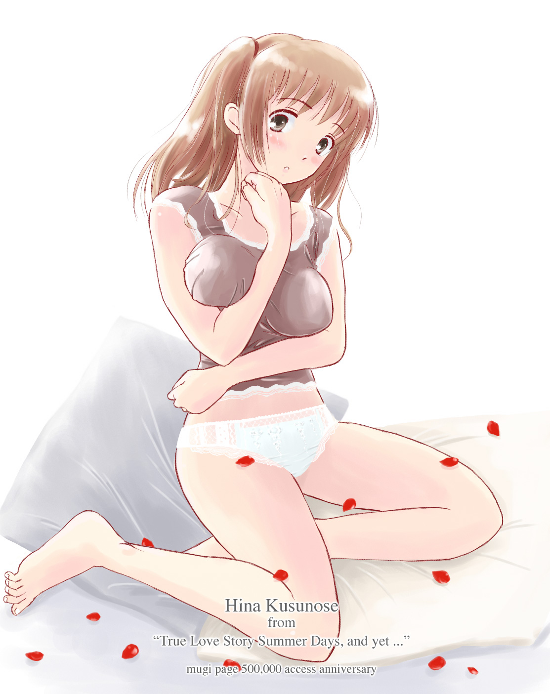takahashi mugi, kusunose hina, true love story, true love story summer days and yet…, highres, 1girl, blush, breasts, female focus, lingerie, milestone celebration, panties, petals, solo, underwear
