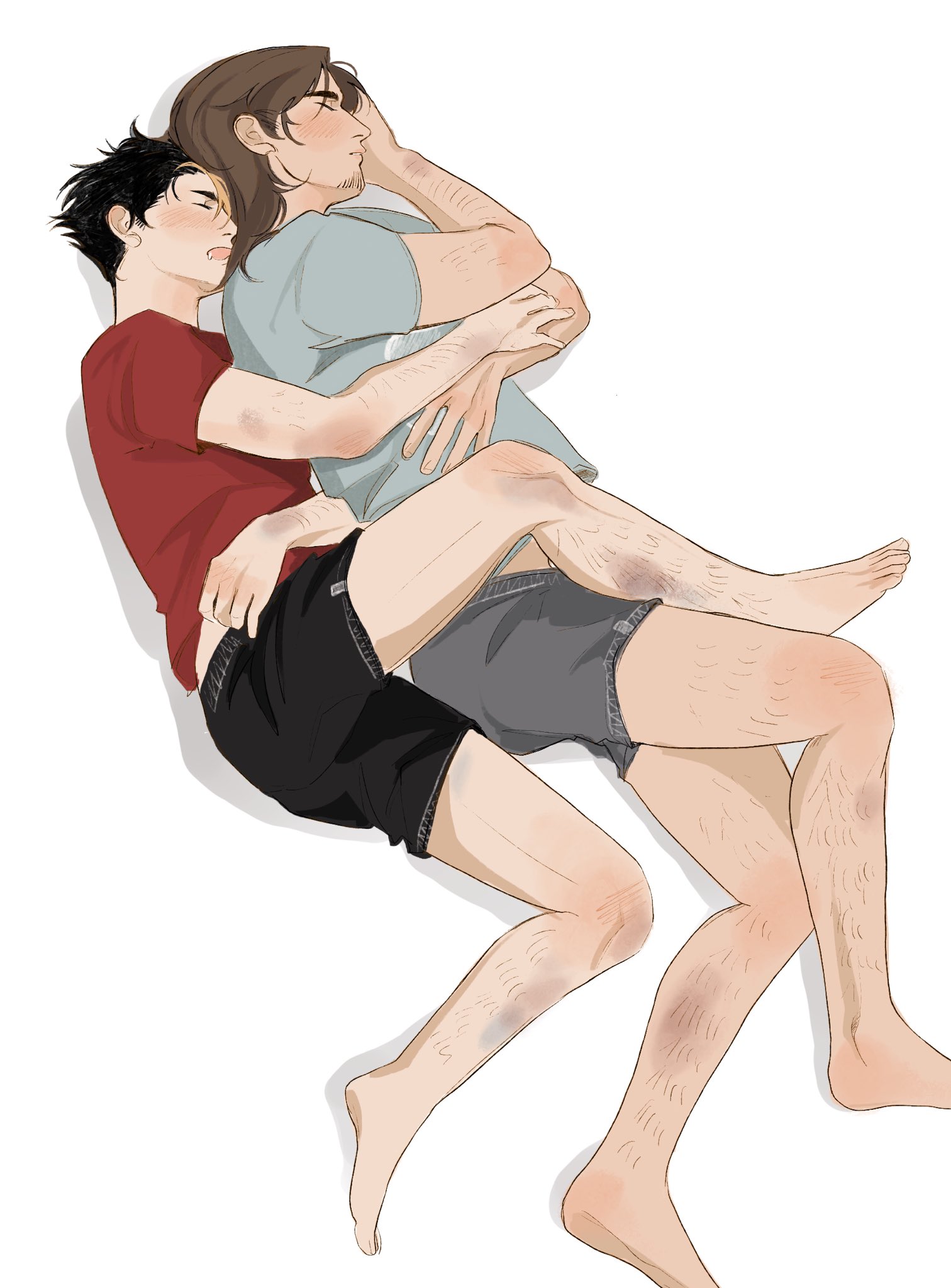 azumane asahi, nishinoya yuu, haikyuu!!, commentary, english commentary, highres, 2boys, arm hair, arm up, barefoot, black hair, black male underwear, blue shirt, blush, brown hair, bruise, bruise on arm, bruise on leg, closed eyes, drooling, facial hair, goatee, grey male underwear, hair behind ear, hand on another's arm, injury, linmorsan, lying, male focus, male underwear, medium hair, multicolored hair, multiple boys, on side, open mouth, parted lips, red shirt, shirt, short hair, short sleeves, simple background, spooning, streaked hair, teeth, underwear, white background, yaoi
