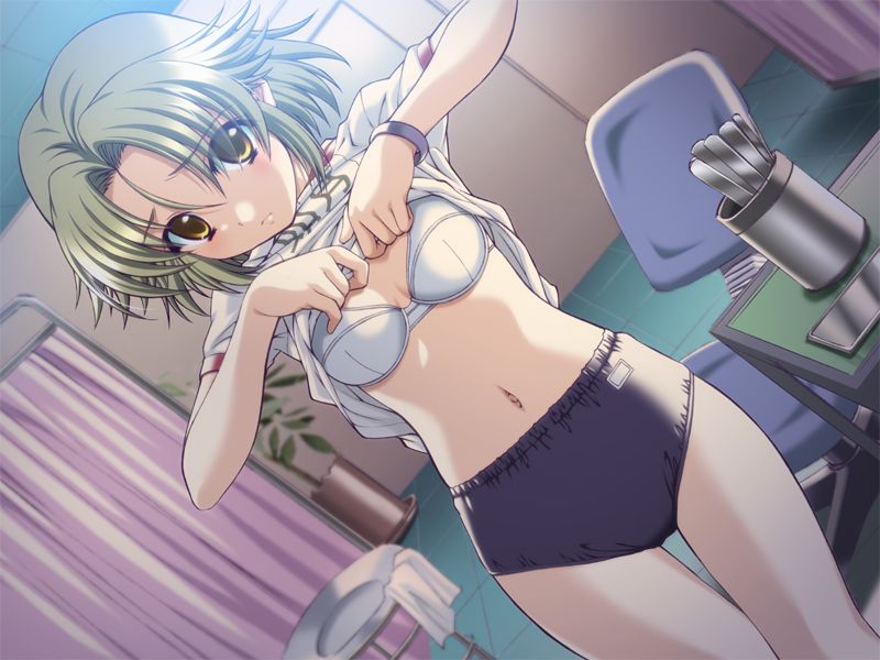 morita kazuaki, kisaragi hiyori, yakin byoutou, yakin byoutou san, game cg, 00s, 1girl, bra, bracelet, buruma, clothes lift, female focus, green hair, gym uniform, jewelry, lingerie, navel, shirt lift, short hair, solo, standing, tongue depressors, underwear, undressing, yellow eyes