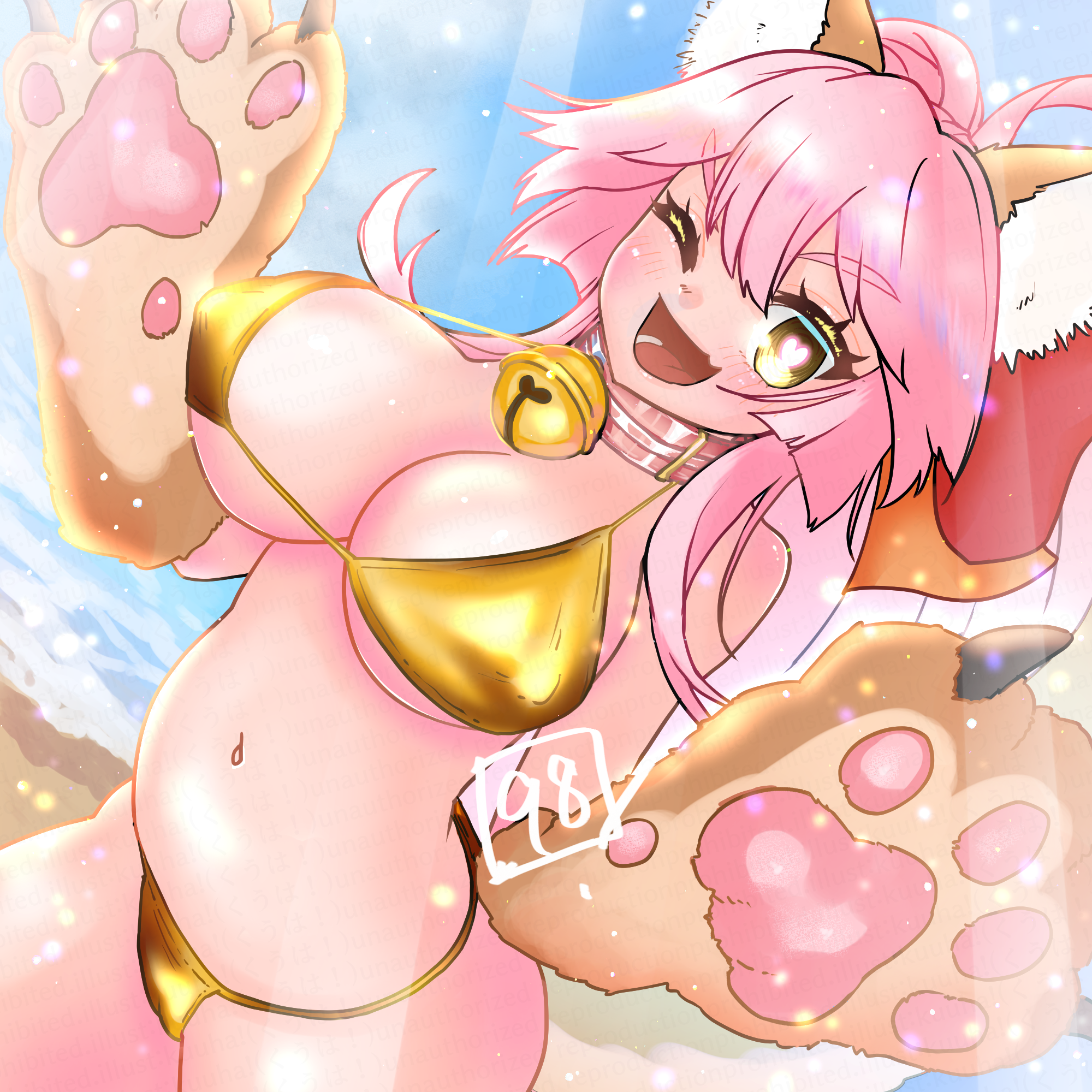 kuuha (kuuha hatori), tamamo (fate), tamamo cat (fate), fate/grand order, fate (series), commentary request, highres, 1girl, animal collar, animal ears, animal hands, beach, bell, bikini, blue sky, blush, breasts, cameltoe, collar, cowboy shot, day, dutch angle, fox ears, fox girl, gloves, gold bikini, heart, heart-shaped pupils, large breasts, light particles, light rays, looking at viewer, navel, neck bell, ocean, one eye closed, open mouth, outdoors, paw gloves, pawpads, pink hair, sidelocks, signature, sky, solo, standing, summer, sunbeam, sunlight, swimsuit, symbol-shaped pupils, thick eyelashes, yellow eyes