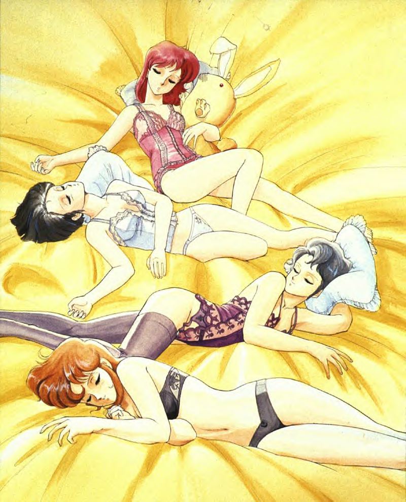 sonoda ken'ichi, linna yamazaki, nene romanova, priscilla asagiri, sylia stingray, bubblegum crisis, 1980s (style), duplicate, jpeg artifacts, 4girls, bed, black hair, blue hair, bra, brown hair, everyone, lingerie, multiple girls, oldschool, panties, pillow, red hair, retro artstyle, sleeping, strapless, strapless bra, thighhighs, underwear, underwear only