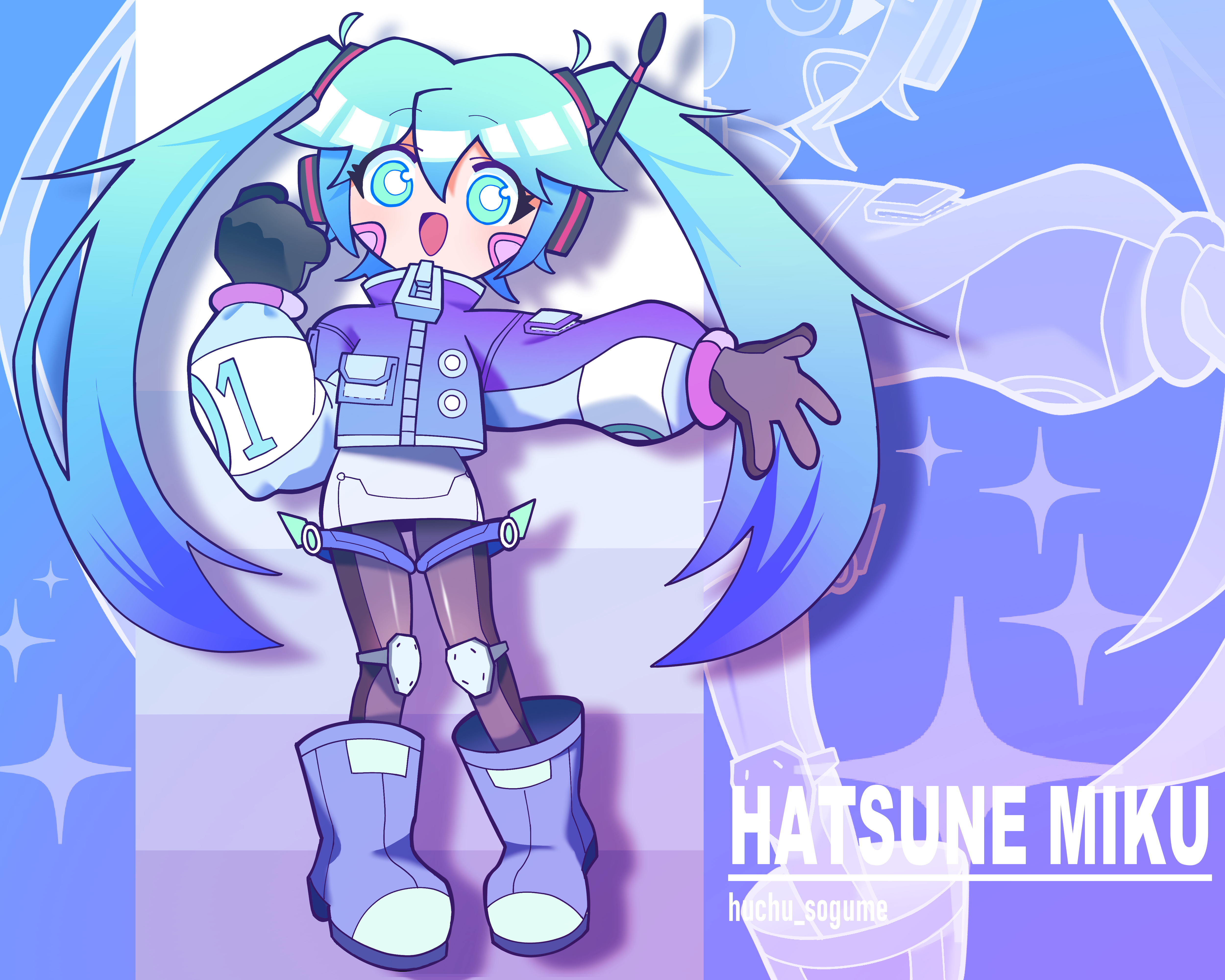 huchu (huchu sogume), hatsune miku, vocaloid, absurdres, highres, 1girl, alternate costume, artist name, black gloves, blue background, blue eyes, blue hair, boots, bright pupils, character name, clenched hand, deformed, full body, gloves, hand up, jacket, knee pads, long hair, long sleeves, looking at viewer, open mouth, pantyhose, purple jacket, solo, standing, twintails, white pupils, zipper, zipper pull tab, zoom layer