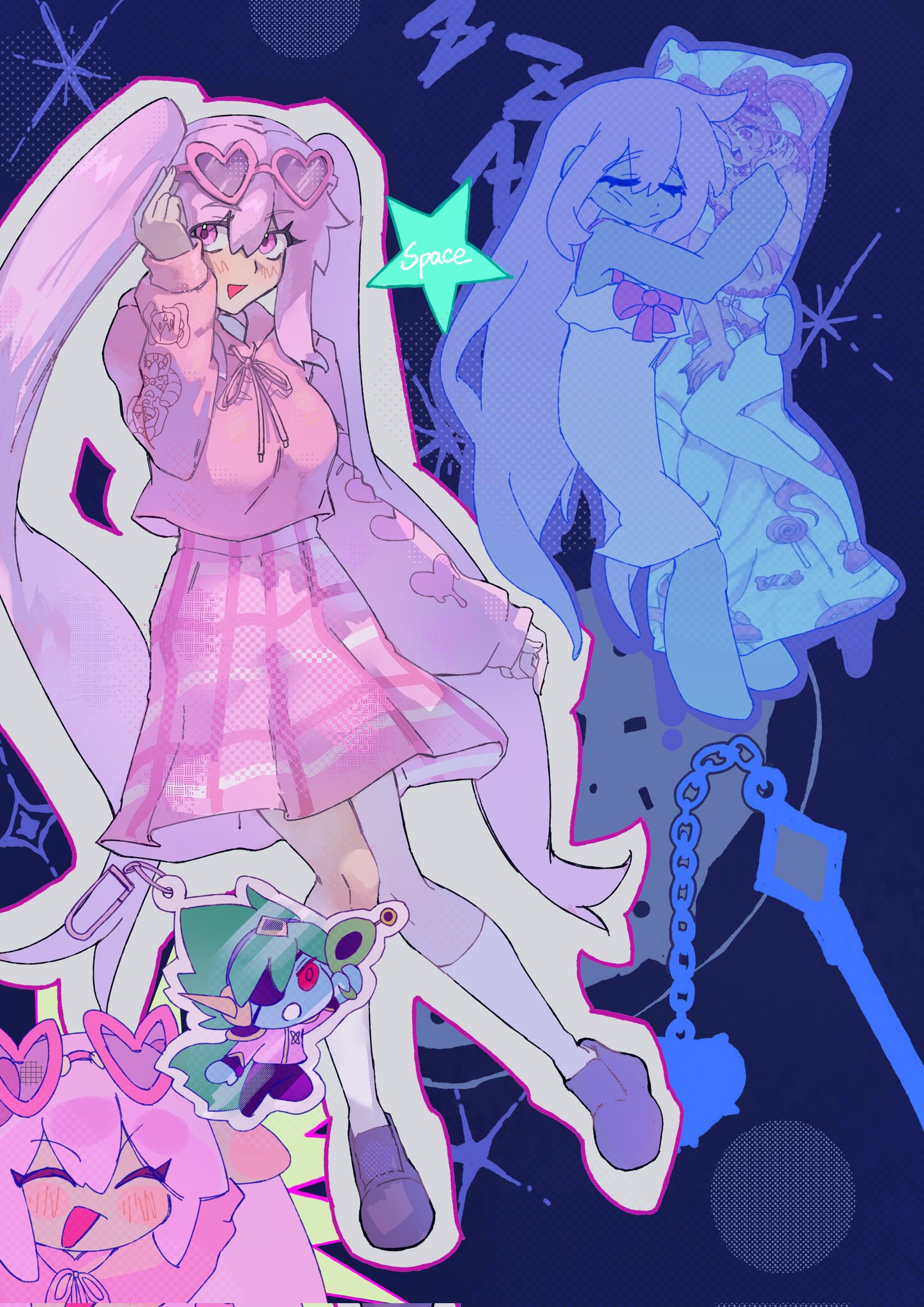 coajvejdgi1508, captain spaceboy, sweetheart (omori), omori, highres, 1girl, adjusting eyewear, alternate costume, arm up, black shoes, blush, character charm, charm (object), chibi, closed eyes, cropped hoodie, dakimakura (object), dark-skinned female, dark skin, eyewear on head, flail, hair down, heart, heart-shaped eyewear, hood, hoodie, long hair, long sleeves, looking at viewer, open mouth, pillow, pink-framed eyewear, pink eyes, pink hair, pink hoodie, pink skirt, shoes, short hair, skirt, sleeping, smile, socks, solo, sunglasses, twintails, weapon, white socks, zzz