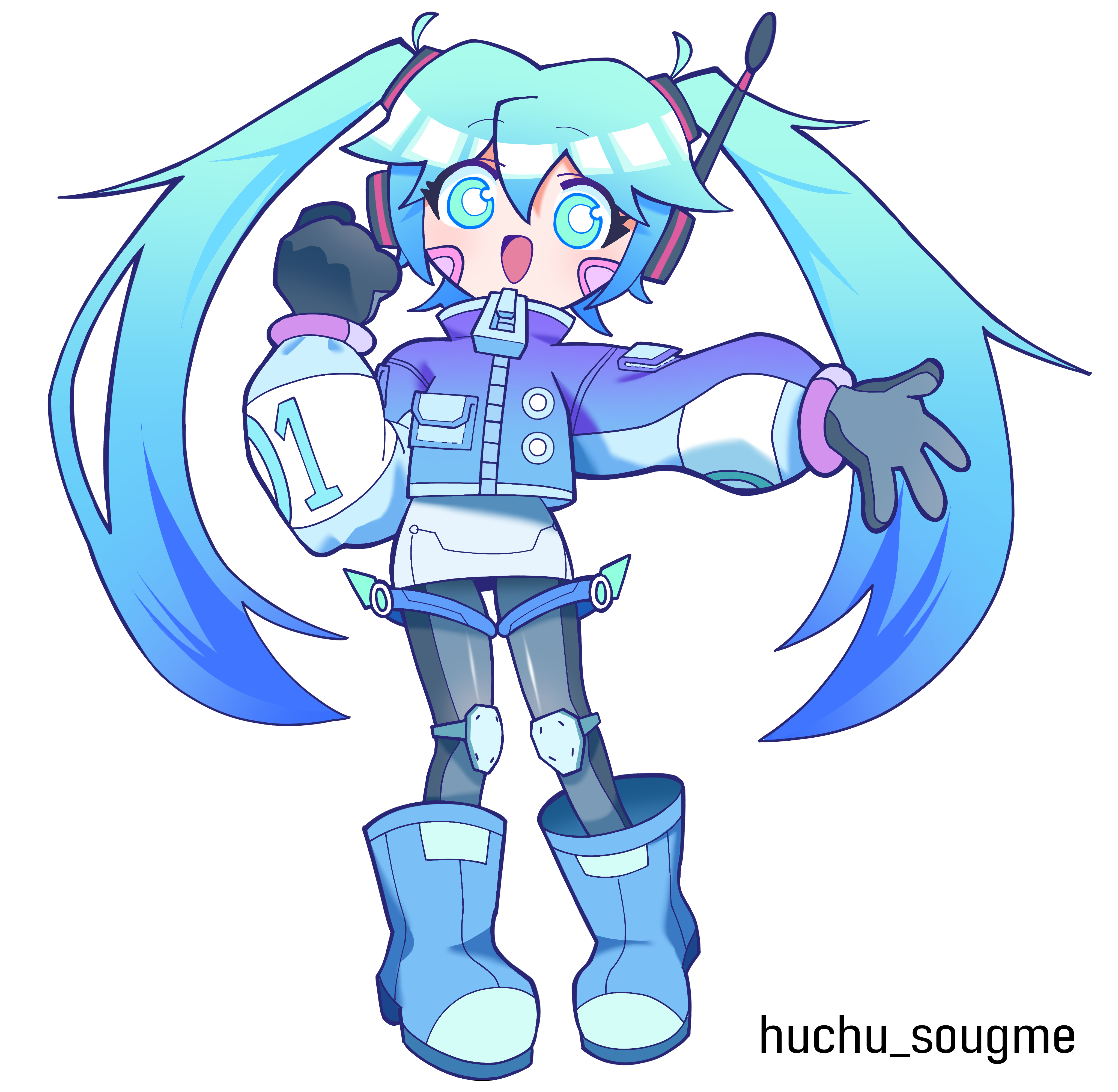 huchu (huchu sogume), hatsune miku, vocaloid, absurdres, highres, 1girl, alternate costume, artist name, black gloves, blue eyes, blue hair, boots, bright pupils, clenched hand, deformed, full body, gloves, hand up, jacket, knee pads, long hair, long sleeves, looking at viewer, open mouth, pantyhose, purple jacket, simple background, solo, standing, twintails, white background, white pupils, zipper, zipper pull tab