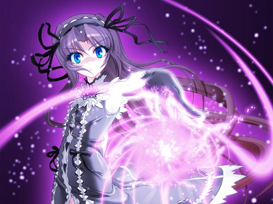 nishii (damnedrive), etheldreda, demonbane, nitroplus, game cg, 00s, 1girl, blue eyes, dress, female focus, flat chest, gloves, gothic lolita, gradient background, hairband, lolita fashion, long hair, magic, purple hair, ribbon, solo, very long hair