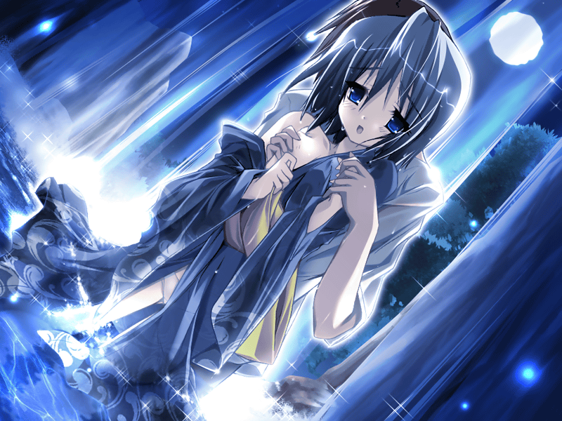fujiwara warawara, azuma ayami, natsu shoujo, game cg, non-web source, 1girl, :o, blue eyes, blue hair, breasts, dutch angle, full moon, grabbing another's breast, groping, holding hands, hug, hug from behind, japanese clothes, kimono, moon, night, no bra, off shoulder, open mouth, panties, solo focus, underwear, water, waterfall, wet, wet clothes, wet hair, white panties, yukata