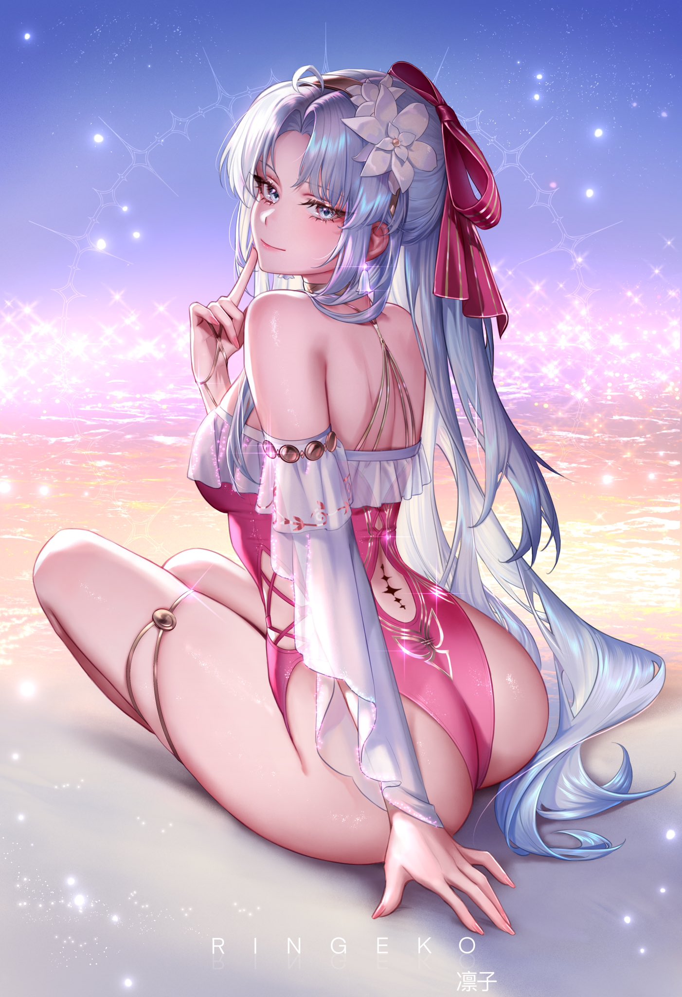 ringeko-chan, carlotta (splashing summer) (wuthering waves), carlotta (wuthering waves), wuthering waves, commentary, english commentary, highres, paid reward available, 1girl, artist name, ass, back cutout, bare legs, bare shoulders, bow, breasts, casual one-piece swimsuit, closed mouth, clothing cutout, finger to face, fingernails, flower, frilled one-piece swimsuit, frills, from behind, gold hairband, hair bow, hair flower, hair ornament, hairband, index finger raised, legs, long fingernails, long hair, looking at viewer, looking back, medium breasts, ocean, official alternate costume, one-piece swimsuit, parted bangs, pink bow, pink one-piece swimsuit, shore, sitting, smile, solo, striped bow, swimsuit, tacet mark (wuthering waves), thighs, very long hair, white eyes, white flower, white hair
