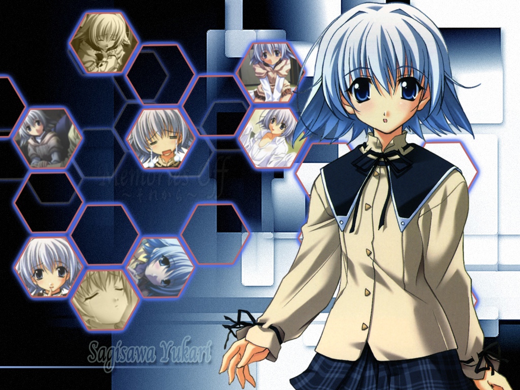 sagisawa yukari, memories off, 1girl, :o, = =, blue eyes, blue hair, blue skirt, character name, cowboy shot, crying, female focus, hexagon, long sleeves, looking at viewer, matching hair/eyes, parted lips, plaid clothes, plaid skirt, projected inset, school uniform, short hair, skirt, solo