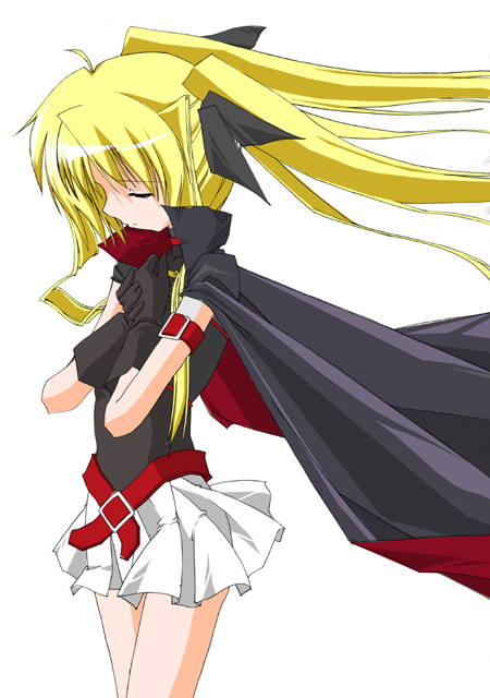 fate testarossa, fate testarossa (lightning form), lyrical nanoha, mahou shoujo lyrical nanoha, 00s, 1girl, arm belt, belt, belt skirt, blonde hair, cape, closed eyes, female focus, from side, hair ribbon, long hair, miniskirt, pleated skirt, ribbon, skirt, solo, twintails, wind, wind lift