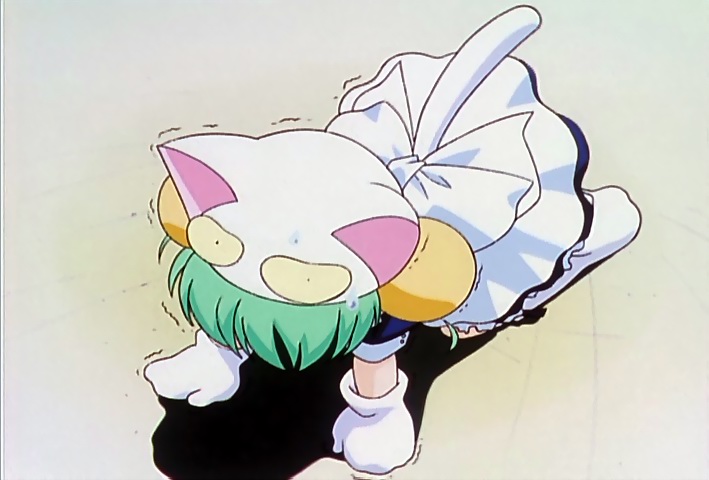 dejiko, di gi charat, di gi charat (1999), anime screenshot, 1girl, animal ears, animal hat, cat ears, cat hat, cat tail, dress, fake ears, female focus, green hair, hat, mittens, prostration, solo, tail, trembling, white hat, white mittens