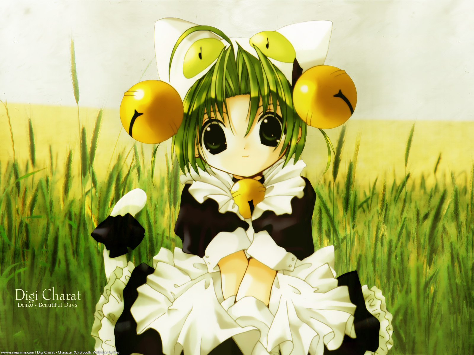 koge donbo, dejiko, di gi charat, highres, 1girl, ahoge, apron, bell, between legs, blush, cat tail, character name, copyright name, day, female focus, grass, green eyes, green hair, hand between legs, jingle bell, looking at viewer, matching hair/eyes, outdoors, own hands together, plant, smile, solo, tail, v arms