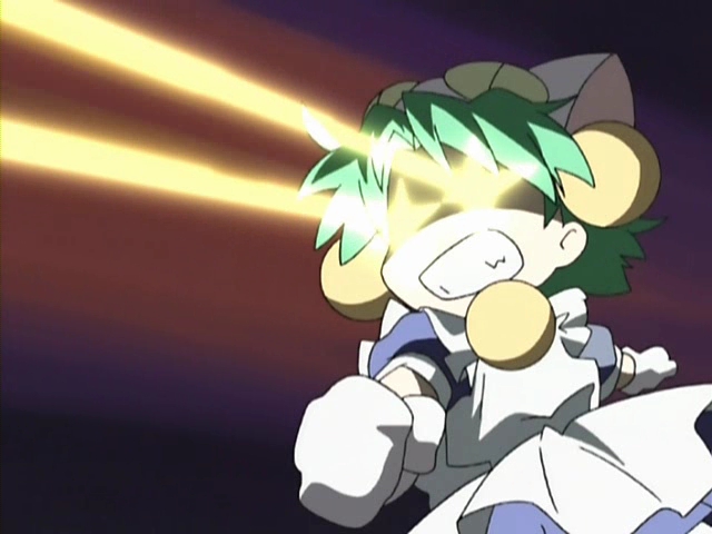 dejiko, di gi charat, di gi charat (1999), 1girl, apron, blue dress, dress, energy, energy beam, eye beam, female focus, gloves, glowing, glowing eyes, green hair, laser, short hair, short sleeves, solo, white gloves