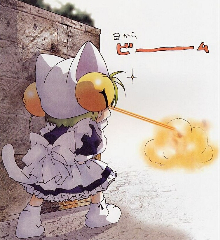 dejiko, di gi charat, di gi charat (1999), wall, 1girl, apron, bell, cat tail, energy, energy beam, explosion, eye beam, female focus, from behind, full body, green hair, hat, jingle bell, no shoes, peeking out, short hair, socks, solo, standing, tail, white socks