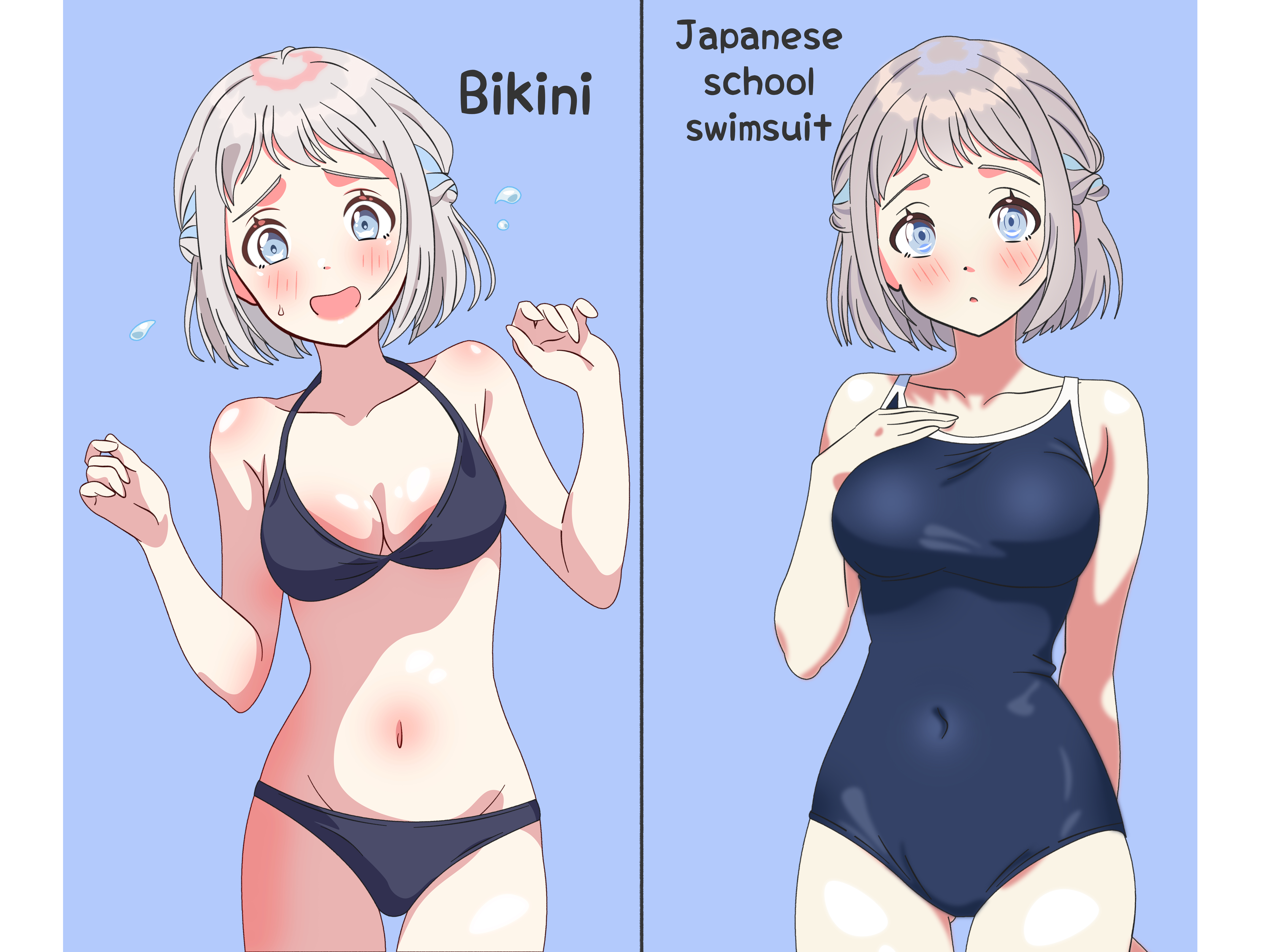 shinonome sakura, katsuragi lilja, gakuen idolmaster, idolmaster, absurdres, commentary, highres, 1girl, :o, bikini, black bikini, blue eyes, blue one-piece swimsuit, blue ribbon, blush, braid, breasts, cleavage, collarbone, cowboy shot, english text, gluteal fold, grey hair, hair ribbon, half up braid, halterneck, looking at viewer, medium breasts, multiple views, navel, one-piece swimsuit, pillarboxed, ribbon, ribbon braid, school swimsuit, short hair, stomach, swimsuit