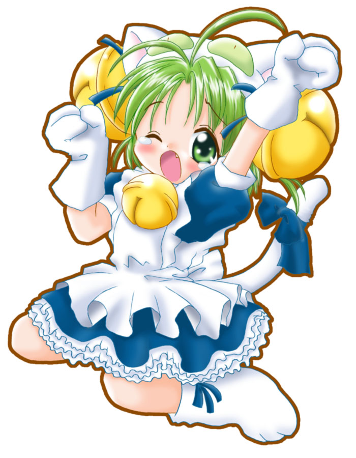 dejiko, di gi charat, 1girl, animal ears, animal hands, animal hat, apron, bell, blush, cat ears, cat hat, cat paws, cat tail, dress, fang, female focus, gloves, green eyes, green hair, hat, jingle bell, maid apron, open mouth, paw gloves, paw shoes, ribbon, shoes, sitting, solo, tail, tail ornament, tail ribbon, tears, wariza, yawning
