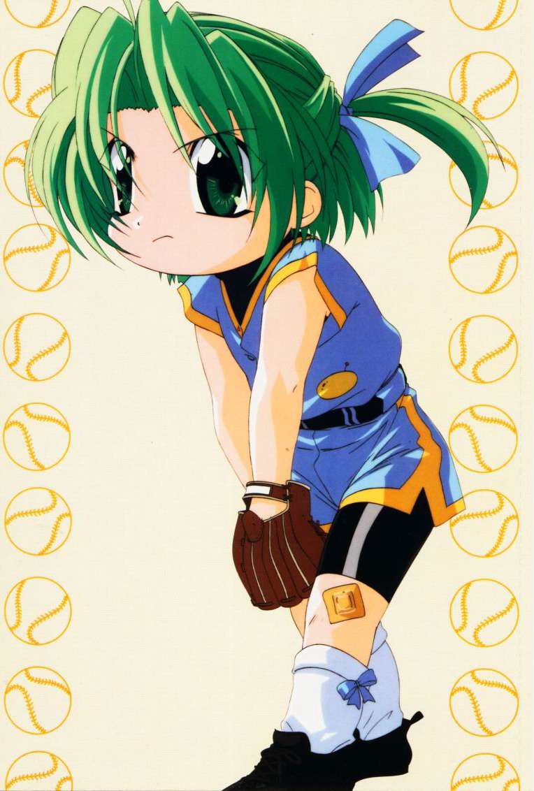 dejiko, di gi charat, 1girl, bandaid, bandaid on knee, bandaid on leg, baseball, baseball glove, female focus, full body, green eyes, green hair, jersey, leaning forward, matching hair/eyes, short hair, simple background, solo, sportswear, standing, yellow background