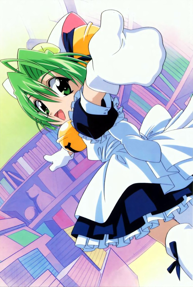 dejiko, di gi charat, white legwear, 1girl, :d, ahoge, animal ears, bell, book, book stack, bookshelf, bow, dutch angle, fang, female focus, frills, green eyes, green hair, hair between eyes, jingle bell, looking back, maid, mittens, open mouth, outstretched arms, reaching, reaching towards viewer, short sleeves, smile, solo, spread arms, statue, white bow, white mittens