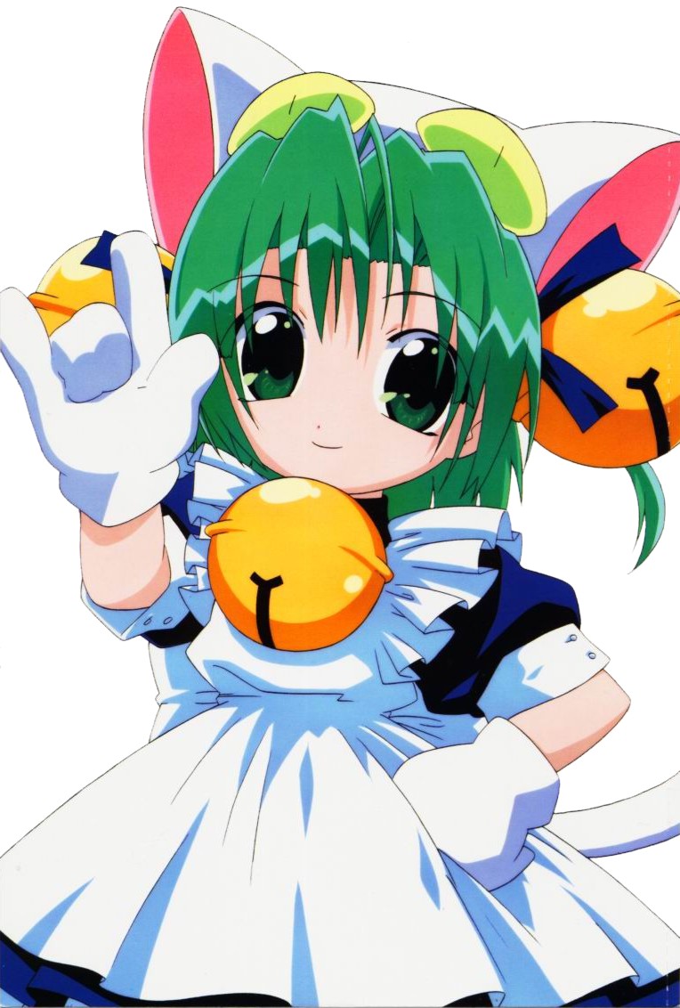 dejiko, di gi charat, 1girl, animal ears, animal hat, bell, cat ears, cat hat, cat tail, female focus, gloves, green eyes, green hair, hair bell, hair ornament, hand on own hip, hat, jingle bell, looking at viewer, m/, maid, matching hair/eyes, short hair, simple background, smile, solo, tail, white background, white gloves