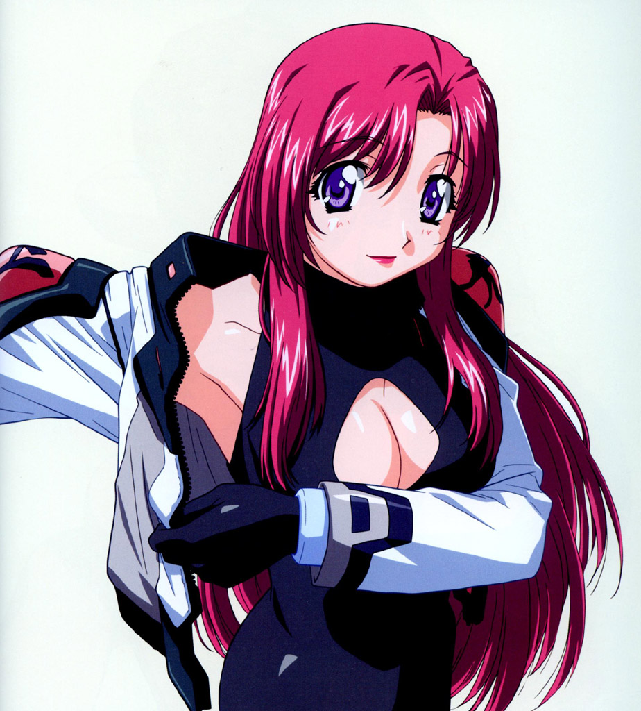 gouda hiroaki, uon taraku, kazami mizuho, onegai teacher, scan, 00s, 1girl, armpits, black bodysuit, black gloves, blush, bodysuit, breasts, cleavage, cleavage cutout, clothing cutout, dressing, female focus, gloves, jacket, large breasts, latex, lipstick, long hair, makeup, no bra, open clothes, open jacket, pink hair, purple eyes, shoulder pads, simple background, sleeveless, smile, solo, standing, very long hair