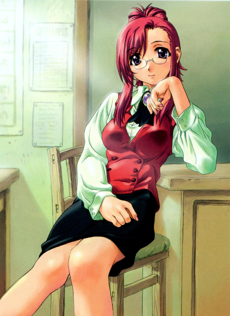 uon taraku, kazami mizuho, onegai teacher, 00s, 1girl, female focus, glasses, pencil skirt, pince-nez, purple eyes, red hair, skirt, solo, teacher, vest