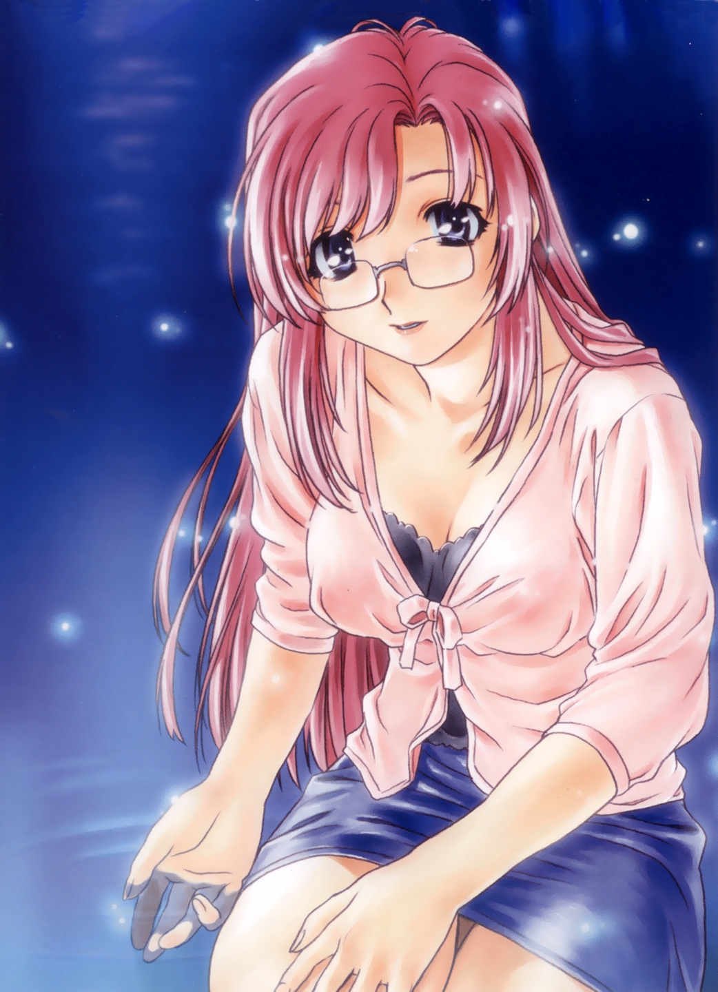 uon taraku, kazami mizuho, onegai teacher, highres, 00s, 1girl, blue eyes, breasts, cleavage, female focus, glasses, large breasts, long hair, pince-nez, pink hair, solo, teacher, water