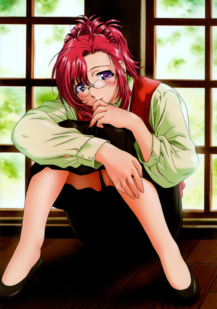 uon taraku, kazami mizuho, onegai teacher, biting finger, 00s, 1girl, biting, blush, female focus, glasses, hugging own legs, knees together feet apart, knees up, looking at viewer, pince-nez, purple eyes, red hair, sitting, solo, window, wooden floor