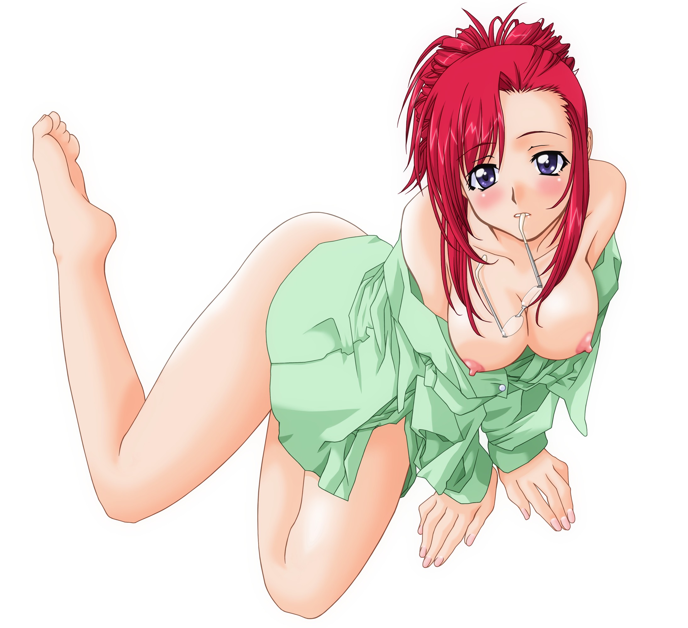 count zero, kazami mizuho, onegai teacher, highres, 00s, 1girl, bare shoulders, barefoot, blush, bottomless, breasts, cleavage, clothes pull, feet, female focus, glasses, large breasts, long sleeves, mouth hold, naked shirt, nipples, open clothes, open shirt, shirt, shirt pull, solo, teacher, unworn eyewear