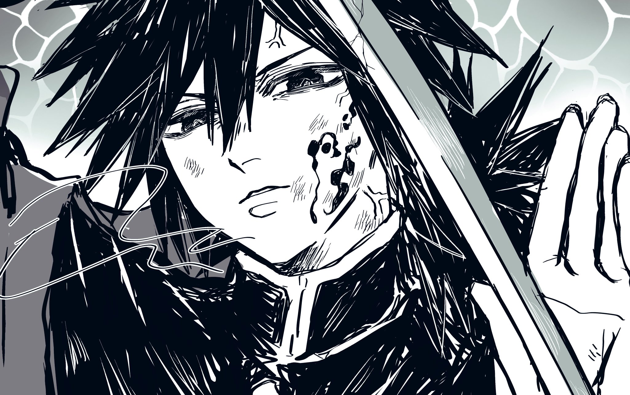 tomioka giyuu, kimetsu no yaiba, highres, 1boy, black hair, black jacket, buttons, demon slayer uniform, empty eyes, haori, holding, holding sword, holding weapon, jacket, japanese clothes, katana, long hair, looking at viewer, low ponytail, male focus, mmki ke0, monochrome, parted lips, ponytail, solo, spiked hair, sword, upper body, weapon