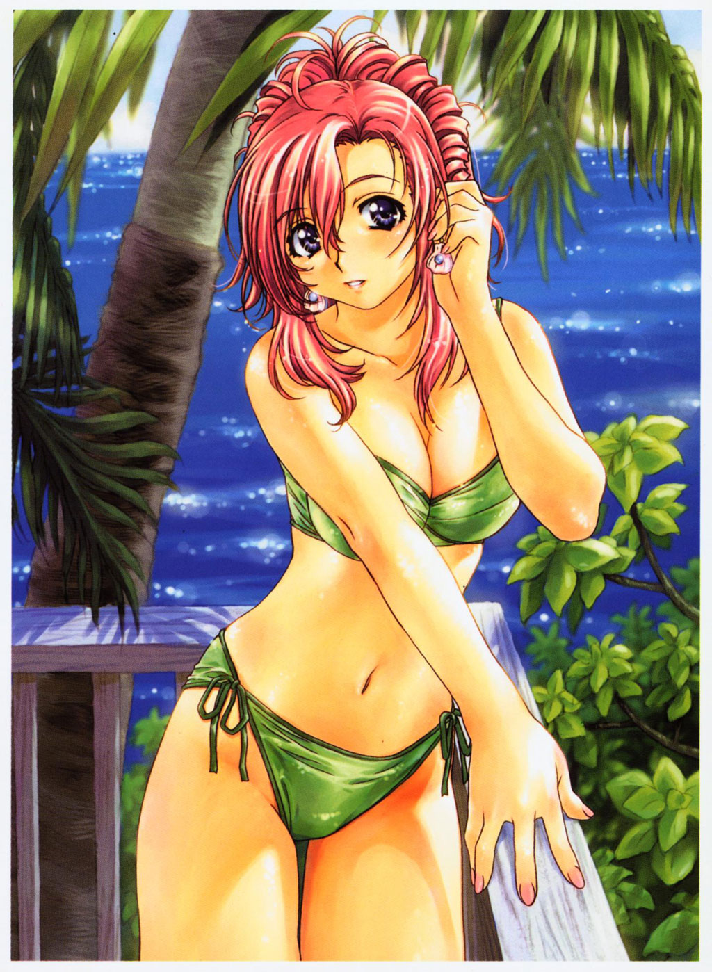 uon taraku, kazami mizuho, onegai teacher, highres, 00s, 1girl, bikini, blue sky, breasts, cleavage, day, earrings, female focus, green bikini, horizon, jewelry, large breasts, lips, nail polish, navel, palm tree, parted lips, pink hair, pink nails, purple eyes, side-tie bikini bottom, sky, solo, swimsuit, teacher, tree, water