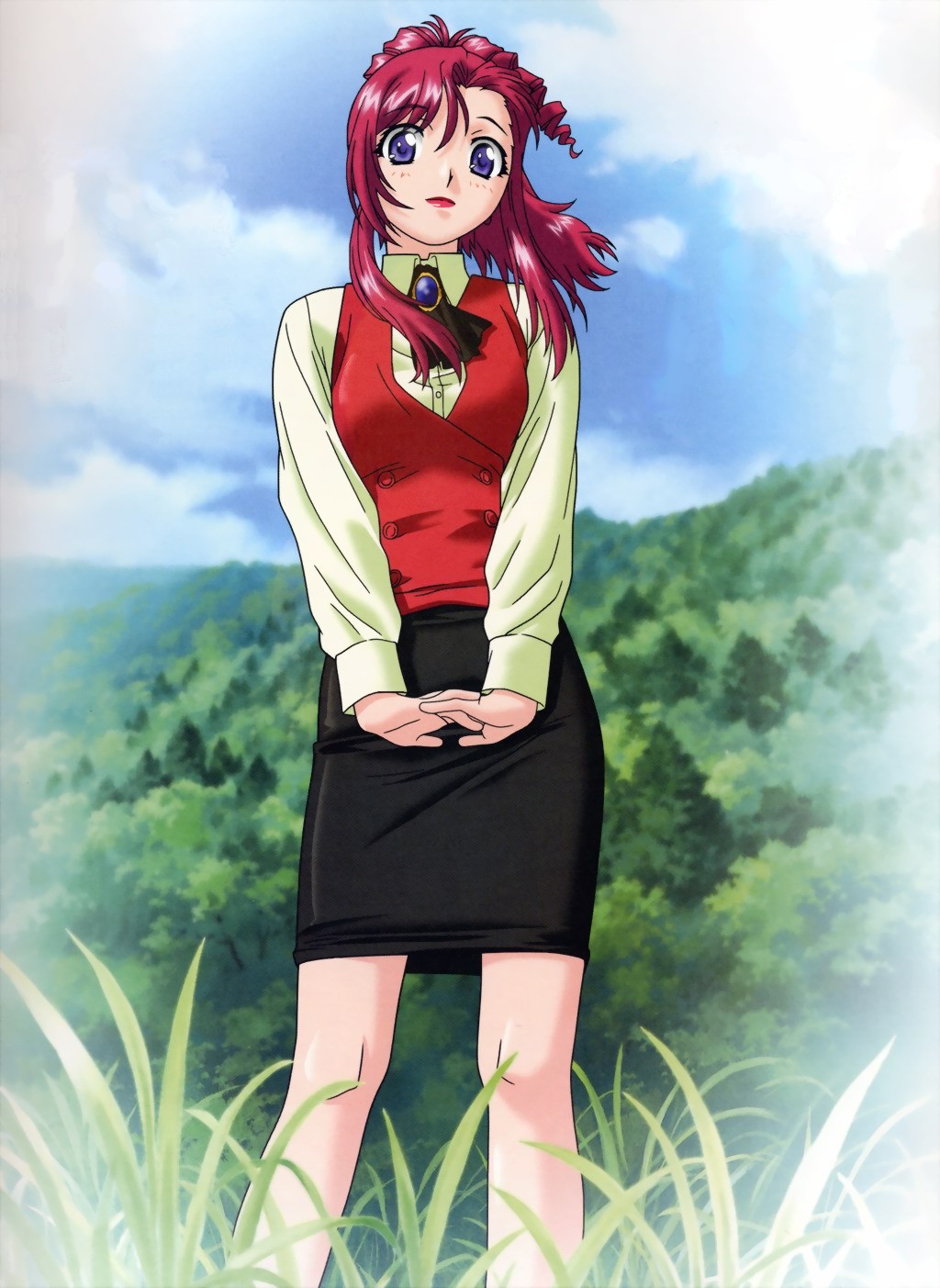 kazami mizuho, onegai teacher, highres, 00s, 1girl, blue eyes, blue sky, brooch, choker, cloud, cloudy sky, day, female focus, forest, grass, jewelry, long sleeves, looking down, nature, outdoors, pencil skirt, pink hair, plant, sidelocks, skirt, sky, solo, standing, tree, v arms, vest