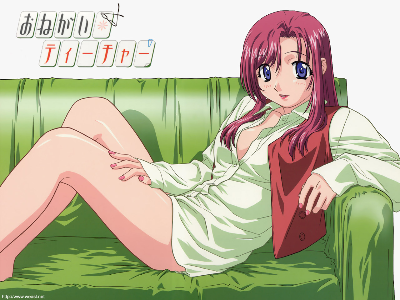 gouda hiroaki, kazami mizuho, onegai teacher, 00s, 1girl, blue eyes, couch, dress shirt, female focus, hand on own thigh, leaning back, lipstick, long hair, looking at viewer, makeup, nail polish, on couch, open clothes, open shirt, red hair, shirt, solo, teacher, vest