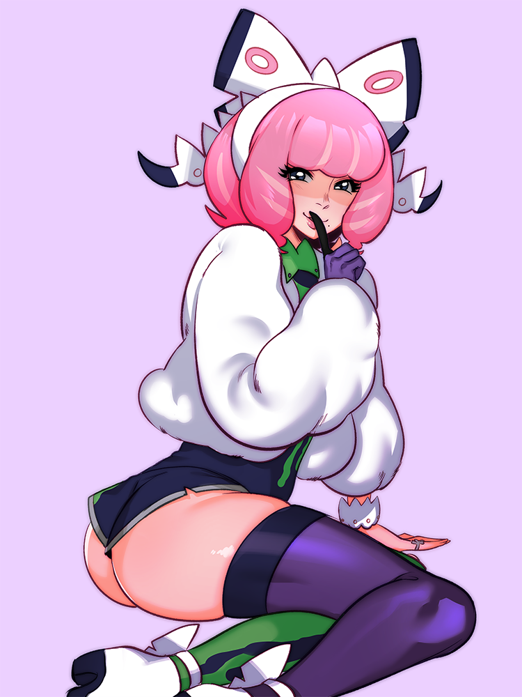 kukumomo, klara (pokemon), nintendo, pokemon, pokemon swsh, 1girl, arm support, ass, bow, bracelet, collarbone, drill hair, eyeshadow, flipped hair, fur jacket, hair bow, hairband, half-closed eyes, hand up, index finger raised, jacket, jewelry, makeup, mole, mole under mouth, pink eyeshadow, pink hair, pink lips, print shirt, print shorts, purple eyes, ring, shirt, short hair, shorts, side slit, side slit shorts, solo, thick thighs, thighs, twin drills, two-tone shirt, two-tone shorts, two-tone thighhighs, white bow, white hairband