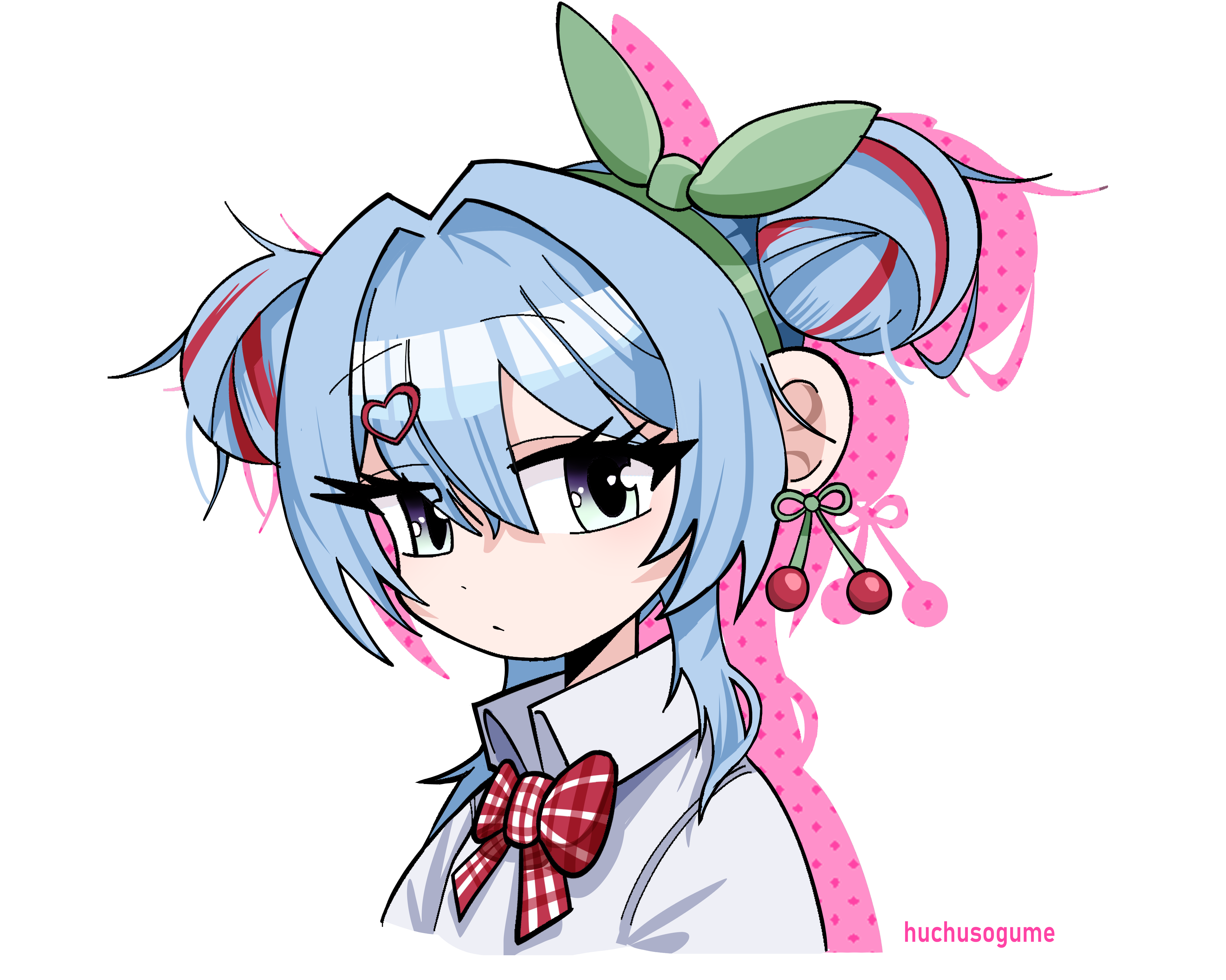 huchu (huchu sogume), hatsune miku, cherry pop (vocaloid), vocaloid, absurdres, highres, 1girl, alternate costume, alternate hairstyle, artist name, blue hair, bow, bowtie, closed mouth, collared shirt, double bun, drop shadow, hair between eyes, hair bun, hair ornament, heart, heart hair ornament, looking at viewer, multicolored hair, portrait, red bow, red bowtie, red streaks, shirt, solo, streaked hair, white shirt