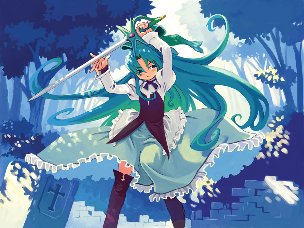 ryoji (nomura ryouji), fia (riviera), riviera, wallpaper, 1girl, arms up, blue eyes, blue hair, blush, boots, cross, dress, floating hair, frills, green hair, holding, long hair, long sleeves, matching hair/eyes, multicolored hair, nature, outdoors, ribbon, solo, sword, thigh boots, thighhighs, tombstone, tree, two-tone hair, weapon, wind, wind lift
