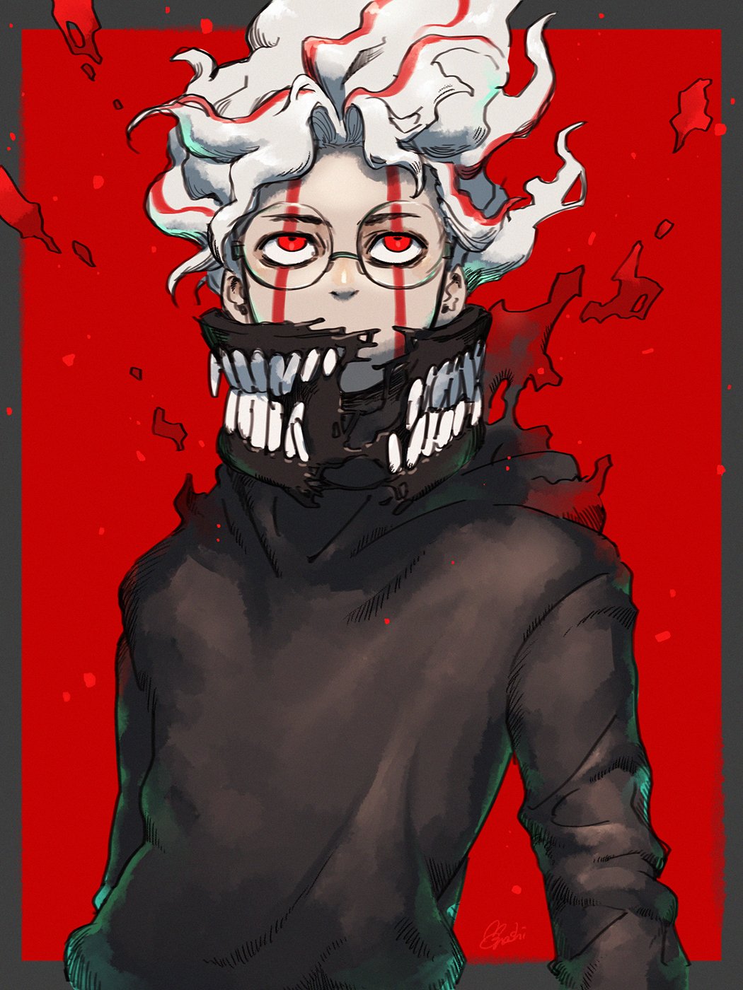 n20u28, takakura ken (dandadan), takakura ken (transformed) (dandadan), dandadan, commentary request, highres, 1boy, black border, black shirt, border, facial mark, glasses, long sleeves, looking up, male focus, mask, mouth mask, multicolored hair, red background, red eyes, red hair, round eyewear, shirt, solo, transformation, two-tone hair, upper body, white hair