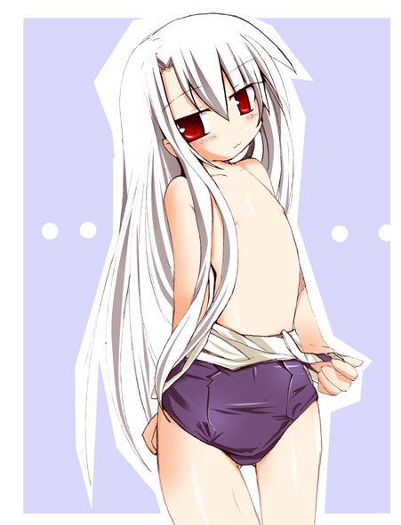 illyasviel von einzbern, fate/stay night, fate (series), artist request, 00s, 1girl, blush, clothes pull, female focus, flat chest, loli, long hair, nipples, official alternate costume, one-piece swimsuit, one-piece swimsuit pull, pulling own clothes, purple one-piece swimsuit, purple school swimsuit, red eyes, school swimsuit, solo, swimsuit, undressing, very long hair, white hair