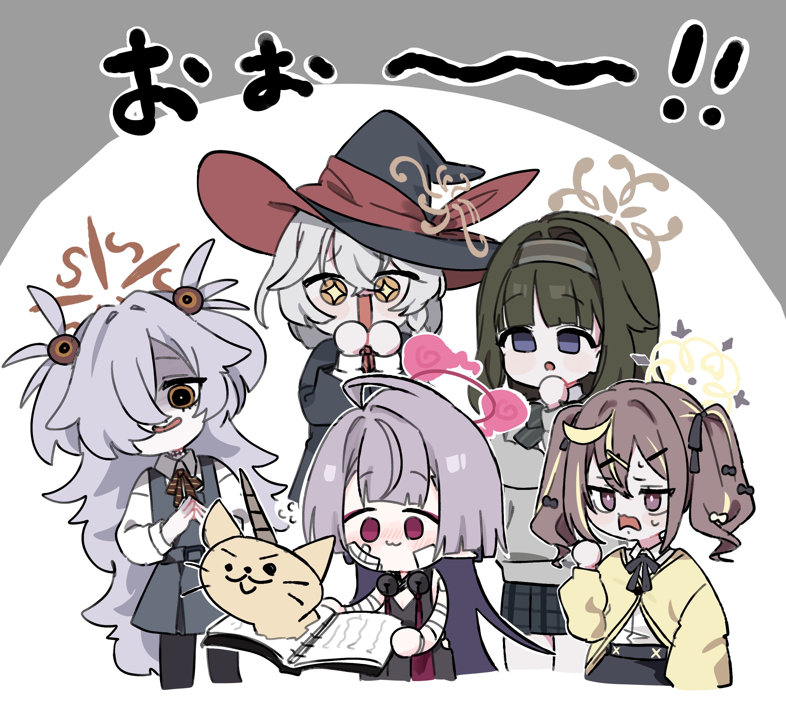 syurorori, eri (blue archive), kanoe (blue archive), rena (blue archive), shuro (blue archive), tsumugi (blue archive), blue archive, commentary request, highres, + +, 5girls, bell, black dress, black kimono, black pantyhose, bright pupils, brown eyes, brown halo, cardigan, cat, collared shirt, creature, diagonal-striped ribbon, dress, flat chest, grey cardigan, grey hair, grey halo, hair over one eye, halo, japanese clothes, jingle bell, kimono, long bangs, long hair, long sleeves, messy hair, mojyo, multicolored hair, multiple girls, own hands together, pale skin, pantyhose, parted bangs, pinafore dress, pink halo, plaid clothes, plaid skirt, puffy long sleeves, puffy sleeves, purple eyes, red ribbon, ribbon, scar, scar on neck, shirt, short twintails, sidelocks, skirt, sleeve cuffs, sleeveless, sleeveless dress, sphere hair ornament, streaked hair, twintails, unicorn horn, very long hair, white pupils, white shirt, yellow cardigan, yellow eyes, yellow halo