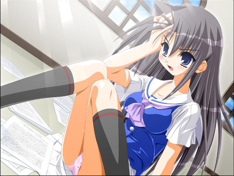 yamino kenji, urabe kaguya, moe love ~natsuiro moegi ryou~, game cg, jpeg artifacts, 1girl, black hair, black socks, blouse, blue eyes, blush, dutch angle, fallen down, female focus, kneehighs, long hair, panties, pantyshot, pink panties, pleated skirt, ribbon, school uniform, serafuku, shirt, sitting, skirt, socks, solo, underwear, vest