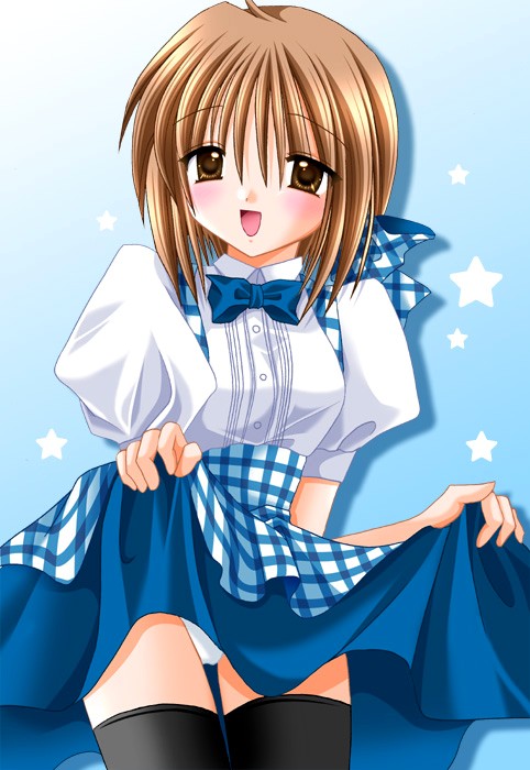 1girl, apron, black thighhighs, blouse, blue bow, blue bowtie, blush, bow, bowtie, brown eyes, brown hair, clothes lift, dress, dress lift, female focus, gingham apron, hair bow, kobeya uniform, panties, pinafore dress, plaid apron, plaid clothes, shirt, short hair, skirt, skirt lift, sleeveless, sleeveless dress, solo, standing, thigh gap, thighhighs, thighs, underwear, waitress, white panties, white shirt