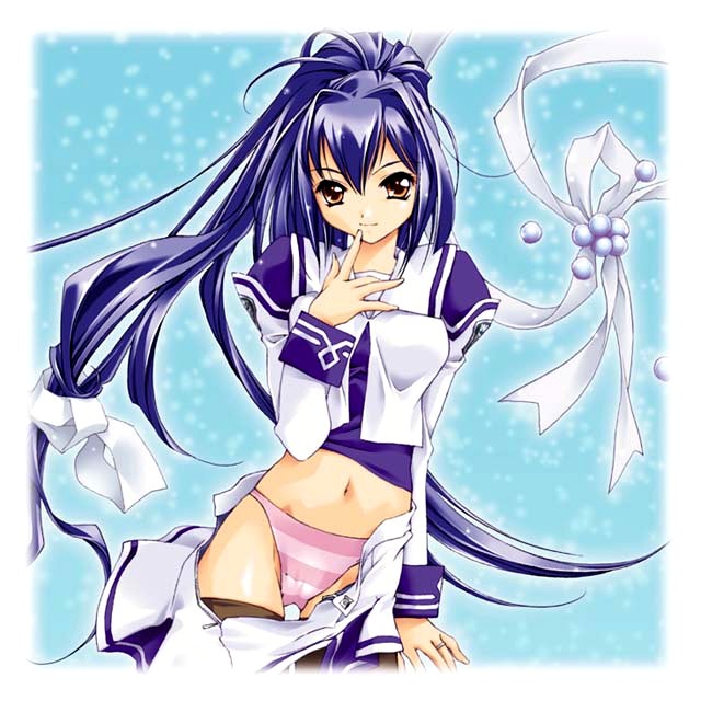hayase mitsuki, kimi ga nozomu eien, artist request, 00s, black thighhighs, blue eyes, blue hair, brown eyes, clothes pull, hair ribbon, jacket, long hair, navel, open clothes, open skirt, panties, ponytail, purple panties, ribbon, school uniform, serafuku, shirt, skirt, skirt pull, solo, standing, striped clothes, striped panties, thighhighs, underwear