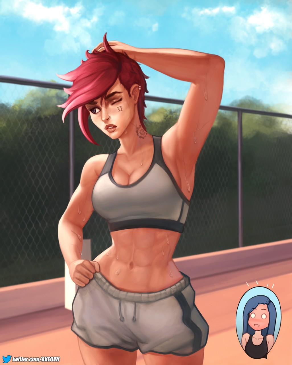 akeowi, caitlyn (league of legends), vi (league of legends), league of legends, commentary, english commentary, highres, 1girl, 2girls, abs, arm up, armpits, asymmetrical hair, belly, blue hair, blue sky, blush, breasts, chain-link fence, day, ear piercing, face piercing, facial tattoo, fence, hand in own hair, hand on own head, hand on own hip, large breasts, long hair, looking to the side, multiple girls, navel, nose piercing, one eye closed, open mouth, outdoors, parted lips, piercing, red hair, short hair, shorts, sidecut, sky, sports bra, sportswear, stomach, sweat, tattoo, toned, twitter logo, twitter username, undercut