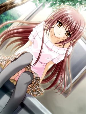 nishimata aoi, kikyou (shuffle), lisianthus, shuffle!, cropped, jpeg artifacts, lowres, official art, 00s, 1girl, black thighhighs, brown eyes, brown hair, dutch angle, female focus, panties, pantyshot, pink panties, plaid clothes, plaid skirt, pointy ears, sitting, skirt, solo, sweater, thighhighs, underwear