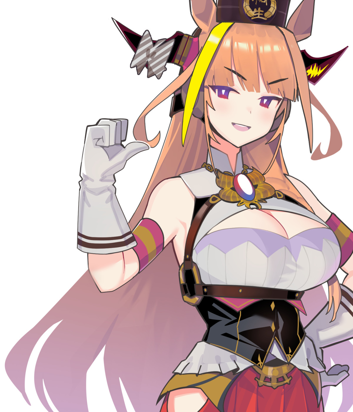dismassd, gold ship (umamusume), kiryu coco, kiryu coco (1st costume), hololive, umamusume, highres, 1girl, adapted costume, ahoge, animal ears, blonde hair, bow, bowtie, breasts, brooch, cleavage, cleavage cutout, clothing cutout, cosplay, diagonal-striped bow, dragon girl, dragon horns, dragon tail, dress, gloves, gold ship (umamusume) (cosplay), hairband, hat, hip vent, horn bow, horn ornament, horns, horse ears, horse girl, horse tail, jewelry, large breasts, long hair, looking at viewer, multicolored hair, open mouth, orange hair, pillbox hat, pointy ears, red dress, red eyes, simple background, sleeveless, sleeveless dress, smile, solo, streaked hair, striped bow, tail, very long hair, virtual youtuber, white background, white gloves