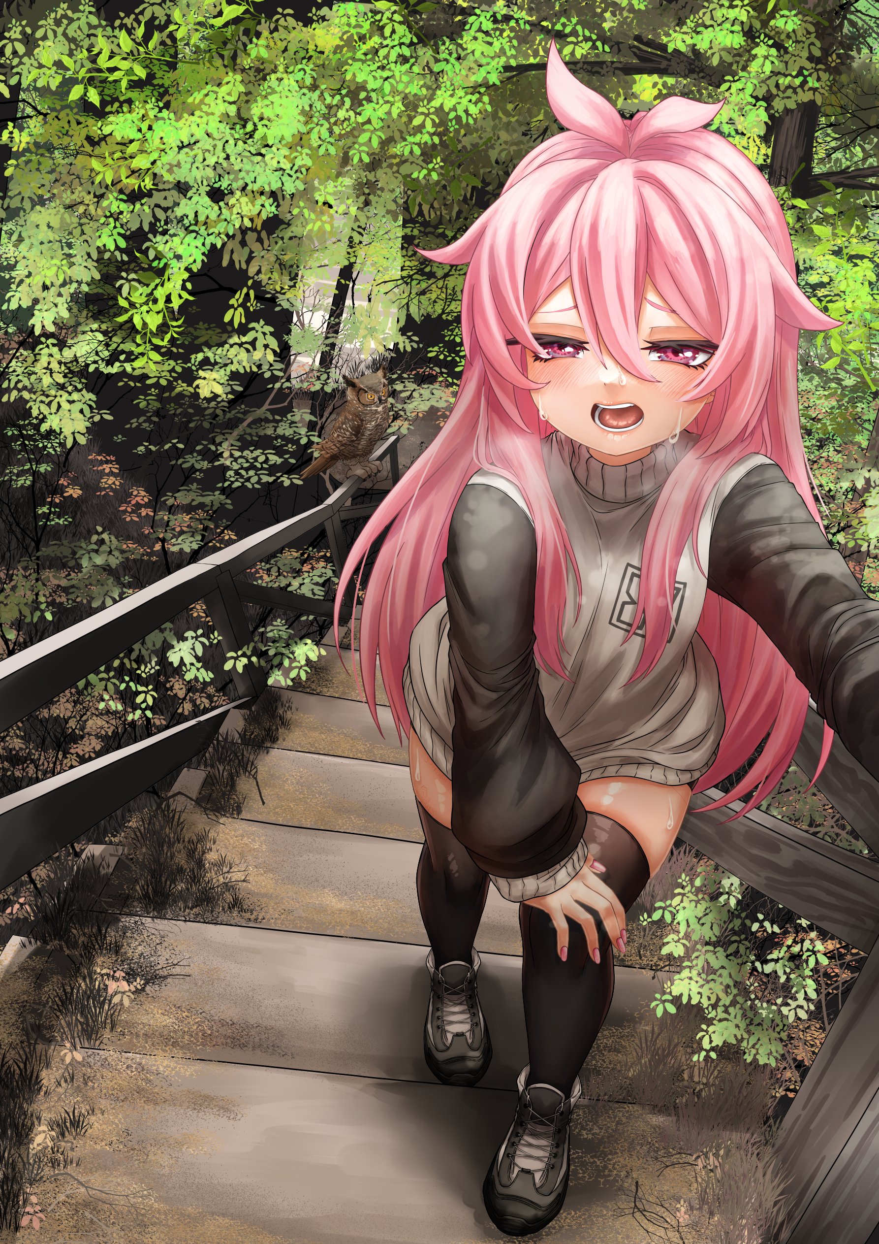 superfann, mumble (shachimu), original, absurdres, commentary, english commentary, highres, 1girl, antenna hair, baggy clothes, bird, black thighhighs, breath, exhausted, fingernails, from above, hair between eyes, hand on own knee, heavy breathing, hiking, hot, long hair, long sleeves, open mouth, outdoors, outstretched arm, owl, pink eyes, pink hair, shoes, solo, stairs, sweat, sweater, thighhighs, tree, turtleneck, two-tone sweater, zettai ryouiki