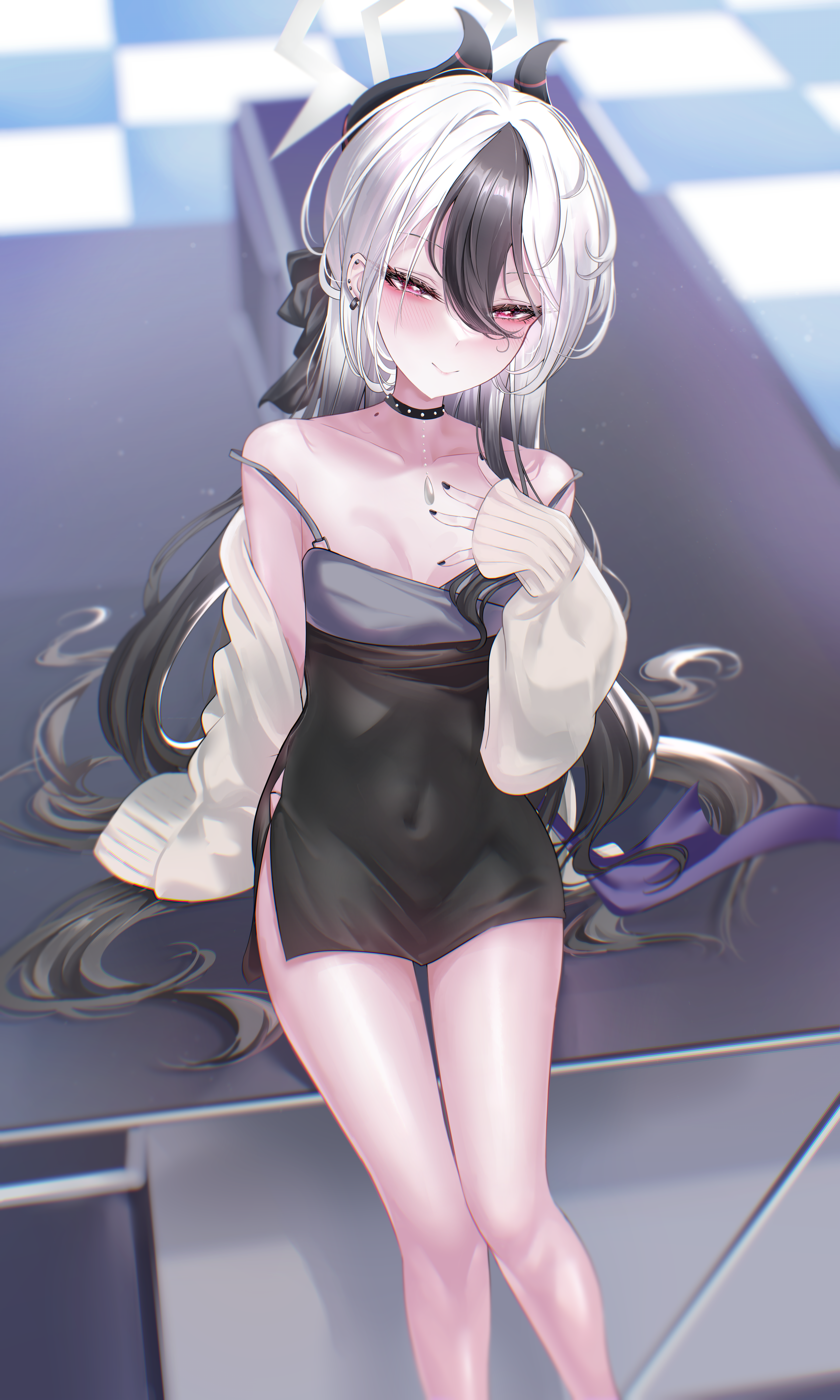 kayoko (blue archive), kayoko (dress) (blue archive), blue archive, absurdres, highres, 1girl, bare shoulders, black bow, black choker, black dress, black hair, black nails, blush, bow, breasts, cardigan, choker, cleavage, closed mouth, collarbone, covered navel, demon girl, demon horns, demon wings, desk, dress, ear piercing, earrings, grey halo, hair between eyes, hair bow, hair down, halo, hand on own chest, horns, jewelry, long hair, looking at viewer, multicolored hair, official alternate costume, official alternate hairstyle, on desk, piercing, red eyes, sidelocks, single sleeve past fingers, single wing, sitting, sleeveless, sleeveless dress, smile, solo, teru minasu, two-tone hair, white cardigan, white hair, wings
