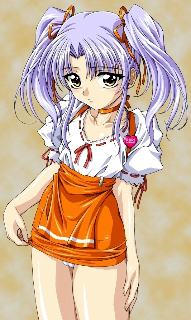 yanagi hirohiko, hoshino ruri, anna miller, kidou senkan nadesico, 1girl, blouse, blue hair, cleft of venus, female focus, hair ribbon, loli, miniskirt, orange skirt, panties, pantyshot, ribbon, shirt, short hair, short twintails, skirt, solo, standing, twintails, underwear, waitress, white panties, yellow eyes