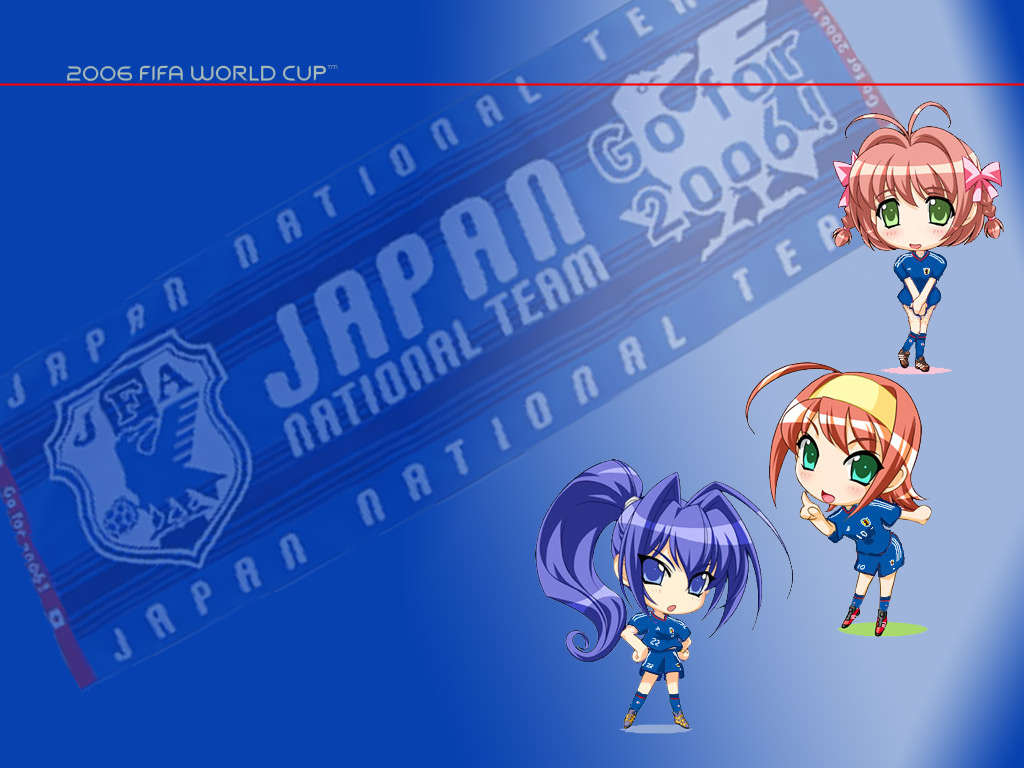 hayase mitsuki, suzumiya akane, suzumiya haruka, 2002 fifa world cup, 2006 fifa world cup, age (company), kimi ga nozomu eien, world cup, uniform, 00s, 3girls, ahoge, antenna hair, aqua eyes, blue eyes, blue hair, braid, chibi, chibi only, clothes writing, green eyes, hairband, japan, long hair, multiple girls, open mouth, ponytail, red hair, short hair, soccer, twin braids