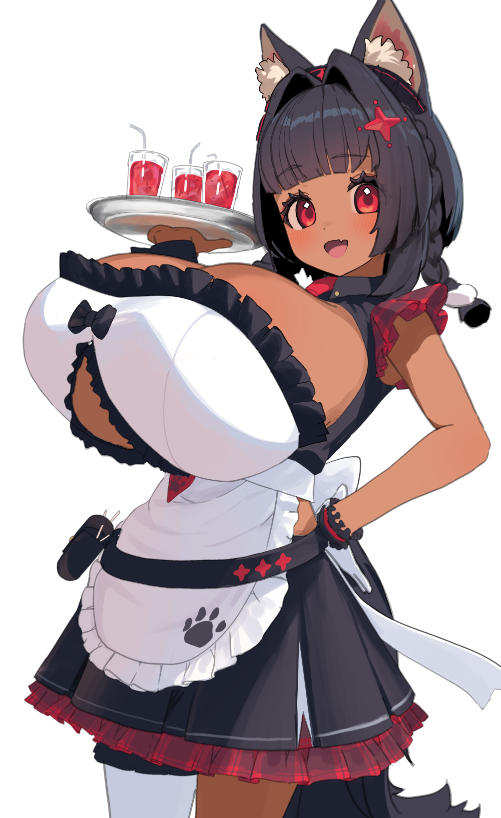 nanaushi, original, commentary request, highres, 1girl, animal ears, apron, black hair, blush, braid, breasts, cleavage, clothing cutout, dark-skinned female, dark skin, drink, fang, frills, hair intakes, hand on own hip, holding, holding tray, huge breasts, maid, medium hair, open mouth, oppai loli, paw print, red eyes, simple background, skin fang, smile, solo, tray, twin braids, underboob cutout, white background, wolf ears