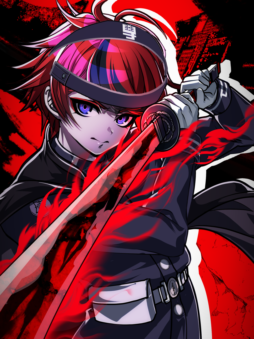 nota sayaka, sumino takumi, the hundred line -last defense academy-, 1boy, ahoge, black cape, black streaks, blue eyes, cape, drop shadow, gakuran, gloves, glowing, glowing sword, glowing weapon, holding, holding sword, holding weapon, last defense academy school uniform, looking at viewer, male focus, multicolored hair, school uniform, short hair, solo, streaked hair, sword, two-tone background, upper body, weapon, white gloves